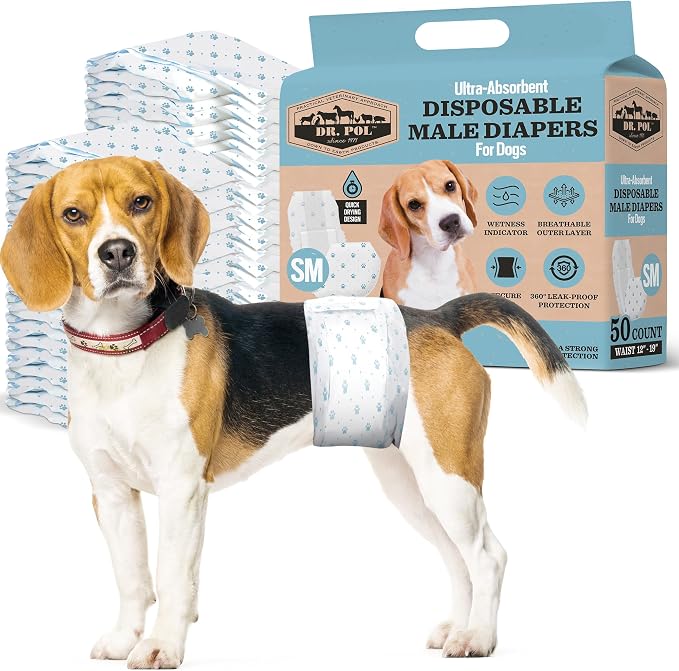 Dr Pol Dog Diapers for Male Dogs | Disposable Pet Diapers with Wetness Indicators | Adjustable Fit | Leak Protection & Super Absorbent | Perfect for Heat Cycles & Training Accidents | Pack of 50