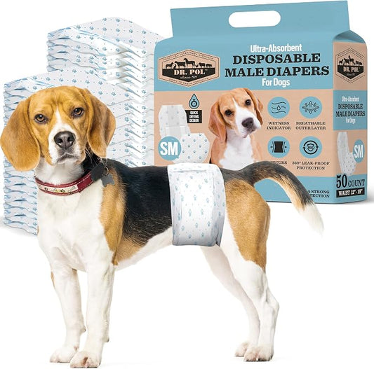 Dr Pol Dog Diapers for Male Dogs | Disposable Pet Diapers with Wetness Indicators | Adjustable Fit | Leak Protection & Super Absorbent | Perfect for Heat Cycles & Training Accidents | Pack of 50