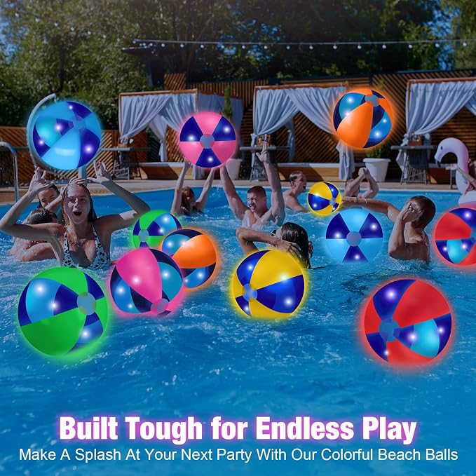 MiniInflat 12 Pcs Light up Beach Balls 16'' Jumbo Pool LED Balls Glow in the Dark Neon Giant Inflatable for Summer Hawaiian Tropical Theme Beach Party Decor Water Accessory (Mixed Color)
