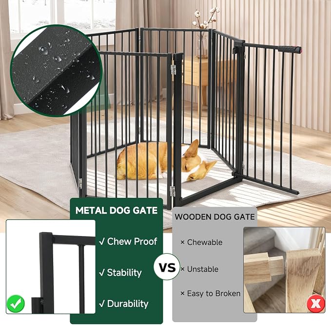 Snagle Paw Metal Freestanding Dog Gate with Door,120” W x 36” H Dog Fence with Support Feet for Doorways, Stairs and Hallways, Portable Pet Gate for Indoor Use (6 Panel, Black)