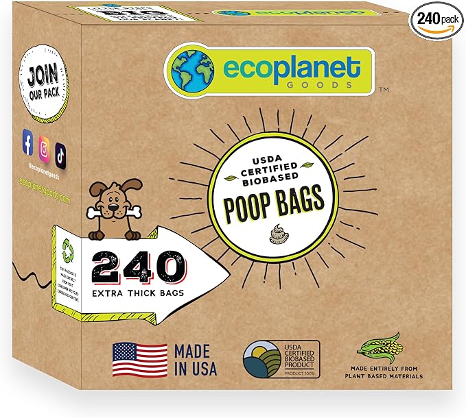 Compostable Dog Poop Bags I 240 Bags I Made in USA I Completely Biodegrades 90 Days After Use I 100% Plant Based I Eco-Friendly I Extra Strong, Leak Proof, 9”x12”, Premium Thickness