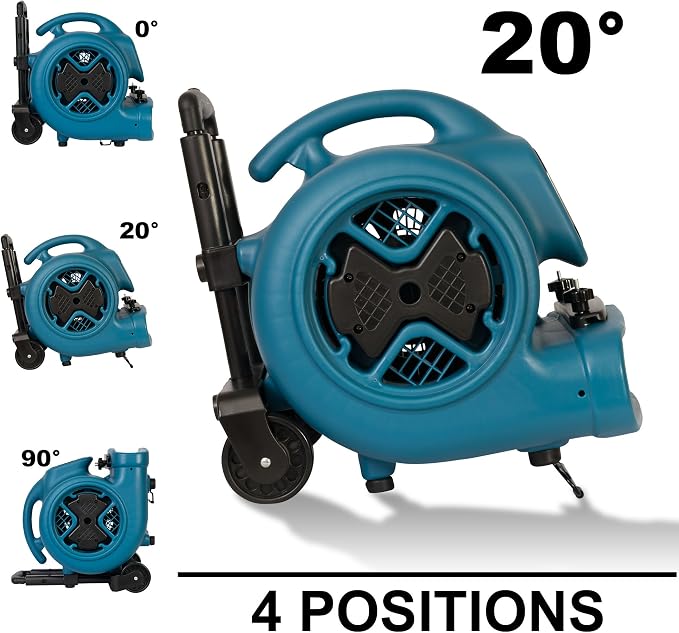 XPOWER P-630HC Pro 1/2 HP 2800 CFM Centrifugal Air Mover, Carpet Dryer, Floor Fan, Blower, Telescopic Handle and Wheels, Carpet Clamp, for Water Damage Restoration, Janitorial, Plumbing, Home Us, Blue