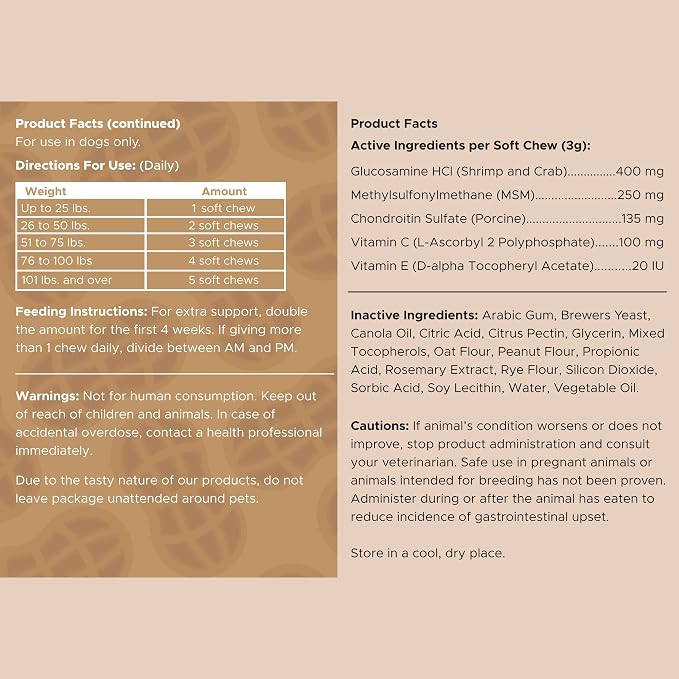 Dog Glucosamine Chews, 90 Count - Hip and Joint Supplement for Dogs - MSM, Chondroitin for Joint and Cartilage Health - Puppies and Seniors, Small and Large Breeds, Peanut Butter Flavor