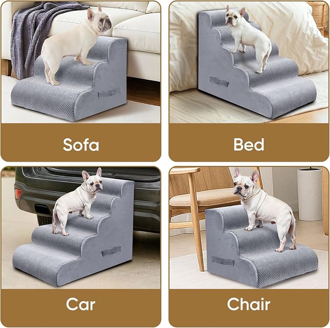 PAWSCRAT Pet Stairs for Dogs 4-Step, 19.6" H Pet Stairs for High Bed, Couch Sofa & Chair, 30D Material Soft Foam Dog Steps with Non-Slip Bottom Surface Removable Washable Cover, LightGrey
