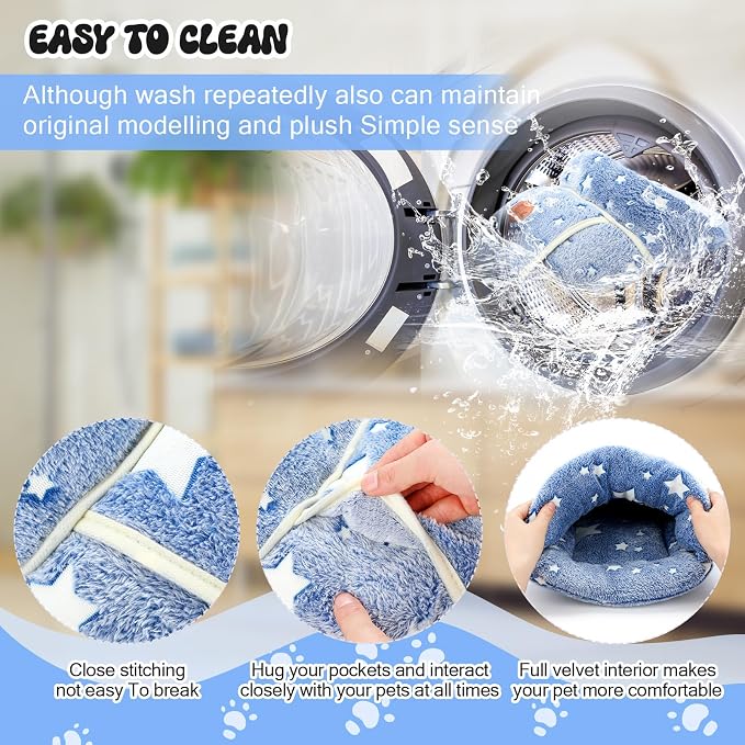 Wenqik 2 Pcs Guinea Pig Hideout Bed Cuddle Warm Guinea Pig Fleece Hideout Cozy Glow in The Dark Blue Star Cuddle Sack Sleeping Cushion Cage Nest for Pet Squirrel Chinchilla Rabbit Hedgehog Accessories