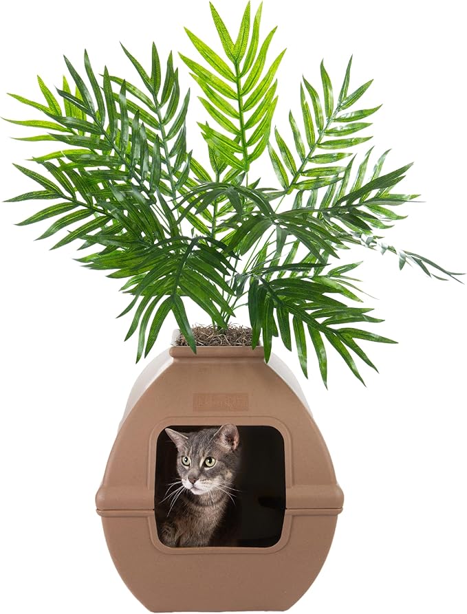 Good Pet Stuff Courtyard Hidden Litter Box Planter, Decorative Cat Litter Enclosure with Carbon Filter, Artificial Palm Plant, Square Design, Easy To Clean, Base Kit, Mocha Brown