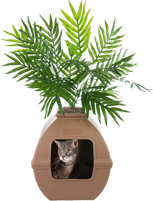 Good Pet Stuff Courtyard Hidden Litter Box Planter, Decorative Cat Litter Enclosure with Carbon Filter, Artificial Palm Plant, Square Design, Easy To Clean, Base Kit, Mocha Brown