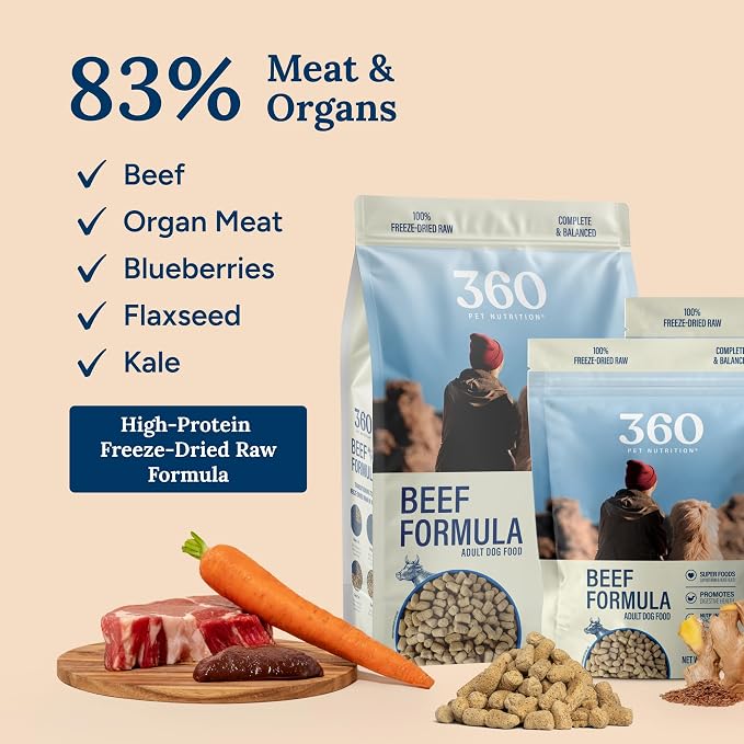 360 Pet Nutrition Freeze-Dried Raw Dog Food – Beef Recipe with Liver & Organs, High Protein with Omega-3s, Fruits, Veggies & Superfoods, Grain-Free, No Filler 4 x 16 oz Made in USA