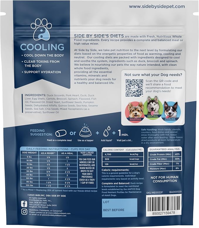 Side by Side Duck Morsels - Cooling Freeze-Dried Dog Food & Dog Food Topper for All Breeds - Made with Nutrients & Whole Raw Ingredients - No Artificial Additives or Fillers, USA Made (18 oz.)