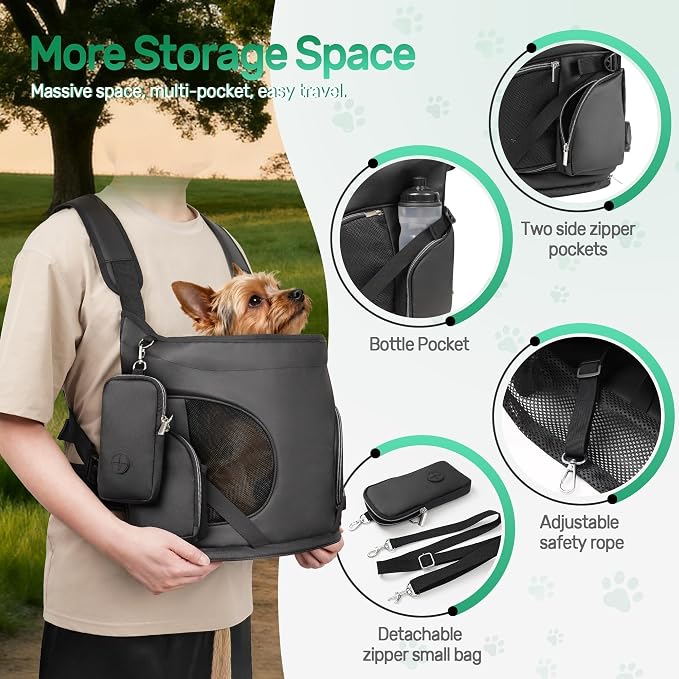 YUDODO Dog Front Backpack Carrier 7-15 lbs, Soft Breathable Pet Front Facing Carrier with Adjustable Straps, Multi-Pocket Design, for Small Dogs & Cats (with Detachable Sling Pouch - Black)
