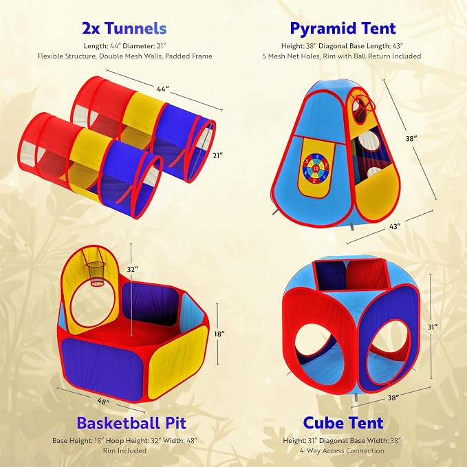 Playz 5pc Kids' Play Tents & Tunnels - Ball Pit for Toddlers, Basketball Hoop, Crawling Tubes, Pop-Up Playhouses, Baby Obstacle Course for Indoor or Outdoor Use