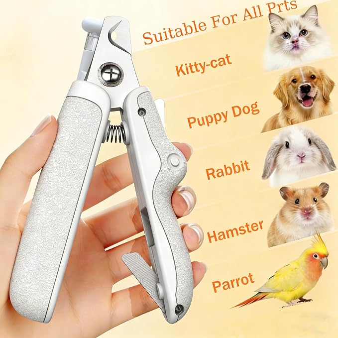 LED Dog Nail Clippers with Light and Nail Catcher - Pet Nail Trimmer with Safety Guard, Ergonomic Leatherette Handle, Rotating File for Small Medium Dogs Cats