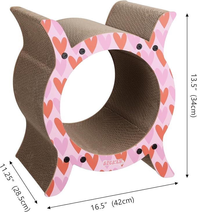 Nyan 16.5" Modern Cardboard Tunnel Cat Scratcher House with Catnip, Corrugated Indoor Cat Hideaway Den, Heart Pattern Scratching Surface for All Cats CSR1007C