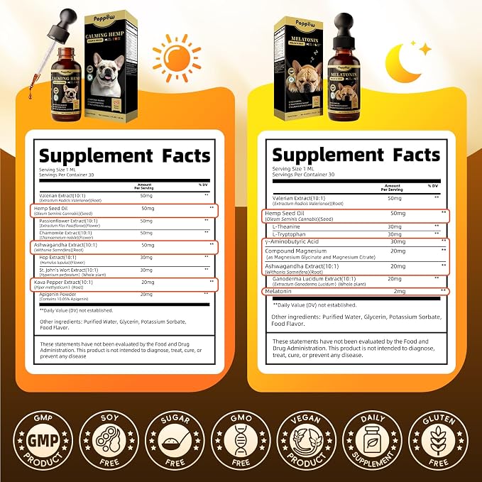 Dog Calming & Melatonin Drops, Day & Night Calm Support Set, Anxiety & Stress Support Calming Treat, Enhance Calmness & Sleep for Separation, Travel, Fireworks & Thunder, Bacon Flavor, 2 FL.Oz