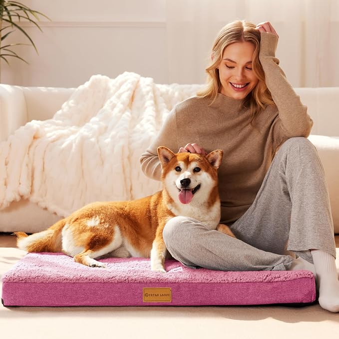 Patas Lague Orthopedic XL Dog Bed Large Sized Dog 48''X30'', Soft Waterproof Egg Crate Foam Large Pet Crate Beds Mat with Removable Washable Cover and Non-Slip Bottom, Pink