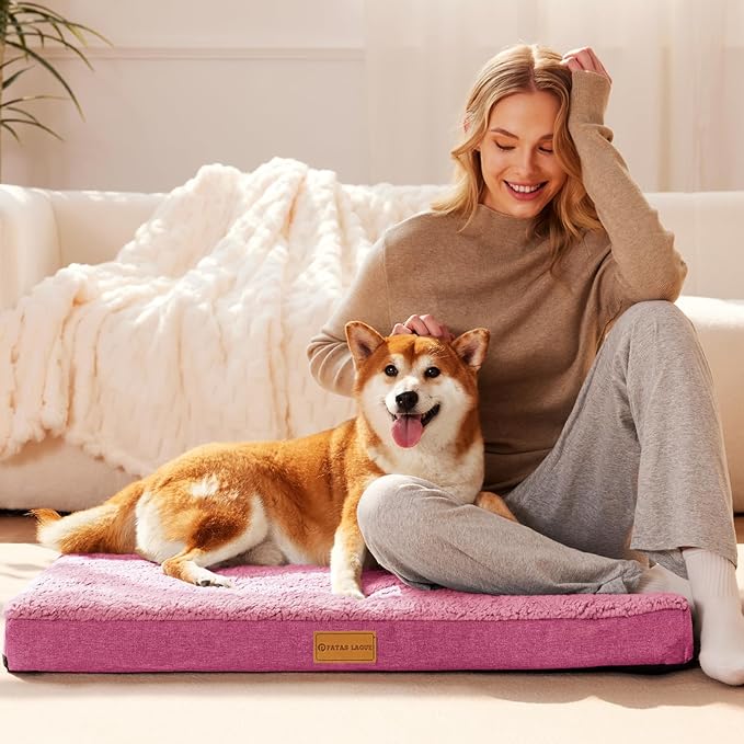 Patas Lague Orthopedic Jumbo Dog Bed for Large Sized Dog 56''X40'', Soft Waterproof Egg Crate Foam Large Pet Crate Beds Mat with Removable Washable Cover and Non-Slip Bottom, Pink