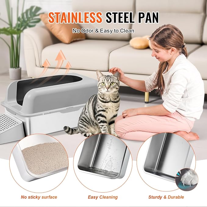VEVOR Stainless Steel Cat Litter with Lid, XL Extra Large Enclosed Cat Litter Box for Big Cats, High Sides Metal Litter Box, Anti Leakage,Odor-Free & Easy Cleaning,Include Scoop & Foot Board