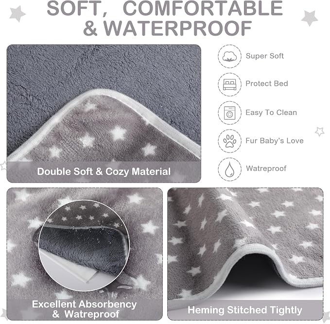 Tranqun 4 Pcs Puppy Pee Pads Waterproof Reusable Training Washable Pee Pads for Dog Cat Throw Blanket Pet Crate Mats Blanket Stars Pattern Animals Cage Liner(Gray,20 x 30 Inch)