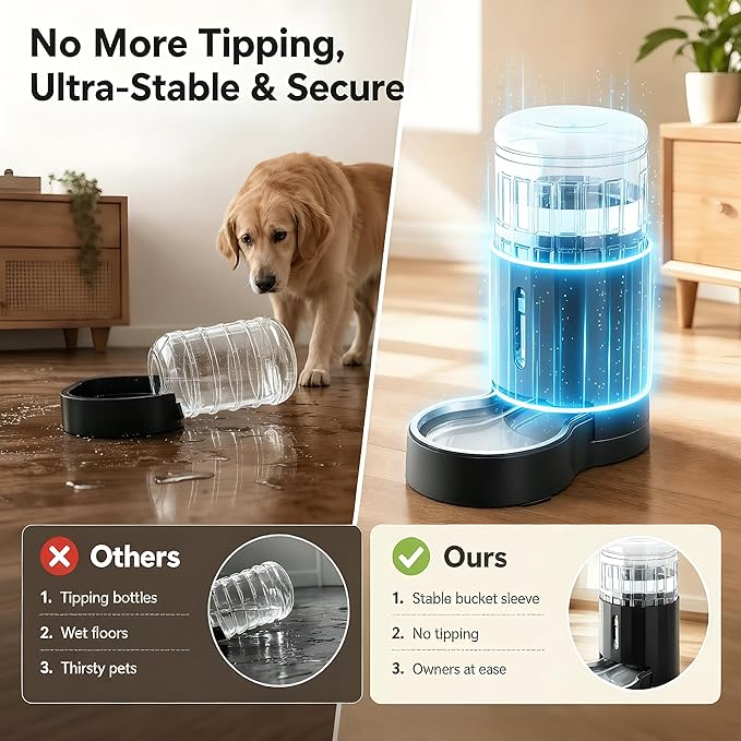 CZPET Dog Water Bowl Dispenser 9.5L, Wider Mouth & Upgraded Brush, Easy Cleaning Automatic Cat Gravity Refilling Waterer with Removable Stainless Steel Bowl, Large Drinking Area for Multi-Pet (Black)