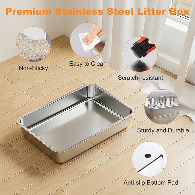 Extra Large Stainless Steel Cat Litter Box Enclosed with Lid - 23.6" x 15.7" x 16.5" Metal Cat Litter Box XXL for Cats, Front Top Entry High Side Kitty Litterbox，Scoop & Mat, Anti Leakage, No Sticky