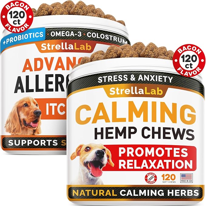 Advanced Allergy + Hemp Calming Dogs Bundle - Itchy Skin Treatment + Anxiety Relief - Omega3&Pumpkin - Dog Itch Relief + Health & Wellness Supplements for Dog Separation Barking - 240Ct - Made in USA