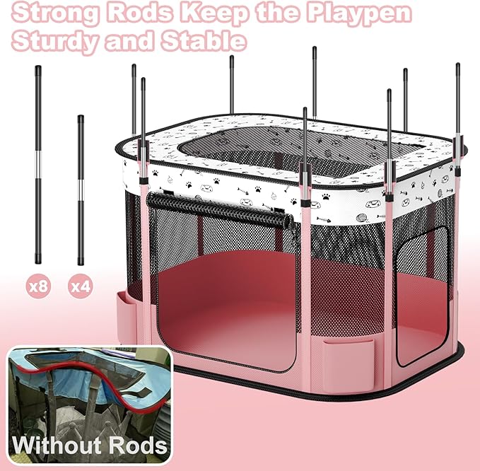 Portable Cat Playpen, 8-Rod Reinforced Kitten Dog Playpens, Foldable Play Pen for Indoor Cats Enclosed Pet Puppy Doggy Outdoor, Collapsible Tent Kennel Cage, Pink