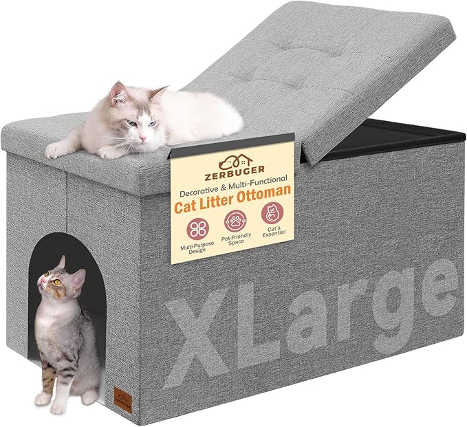 Zerbuger Cat Litter Box Enclosure Furniture for Odor Control, Hidden Cabinet Cats Litter Ottoman with Flip-Up Lid,Cat Litter Box Bench with Storage Space, Dog Proof (Light Grey, X-Large)