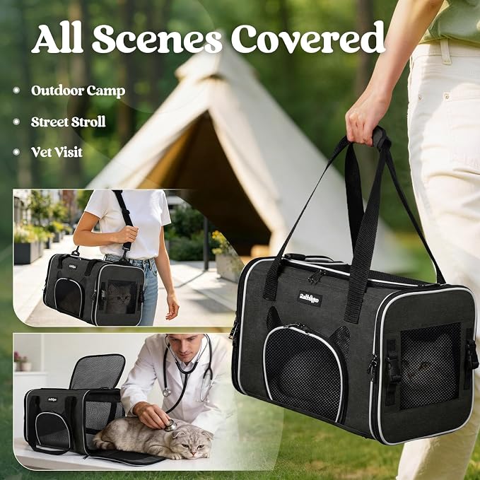 rabbitgoo Cat Carrier Soft Sided, Stable Portable Pet Carrier with Safety Buckles for Car Travel Vet Visit Airline, Comfortable Breathable Kitten Bag for Small Medium Cat, Black, 17x11x11 inch