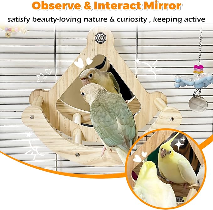 Bird Perch Toy with Mirror for Cage, Wooden Interactive Rocking Exercise Wheel, Spinner Rattle Chewing Enrichment Toy, Cage Accessories for Parakeet Cockatiel Conure (1pc, Random Color)