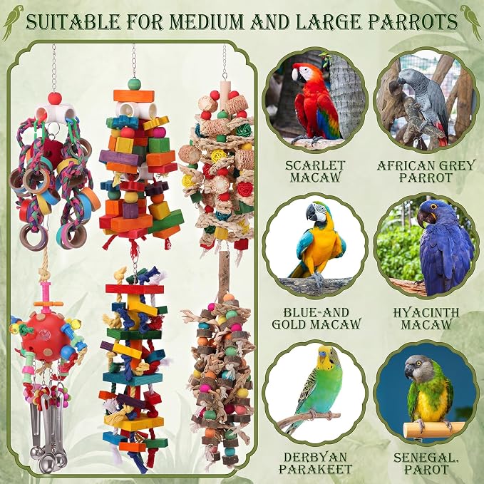 Soulchen 6 Pcs Extra Large Bird Parrot Toy Set Natural Wooden Chewing Toy, Rattan Ball, Wood Nut Loofah String (Bagged) for Large Macaws, African Grey, Amazon Parrots (Natural Wood)