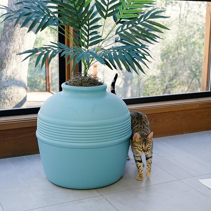 Good Pet Stuff Original Hidden Litter Box Planter, Decorative Cat Litter Enclosure, Carbon Filter, Faux Plant, Round Design, Easy to Clean, Base Kit, Palm Plant, Coastal Blue