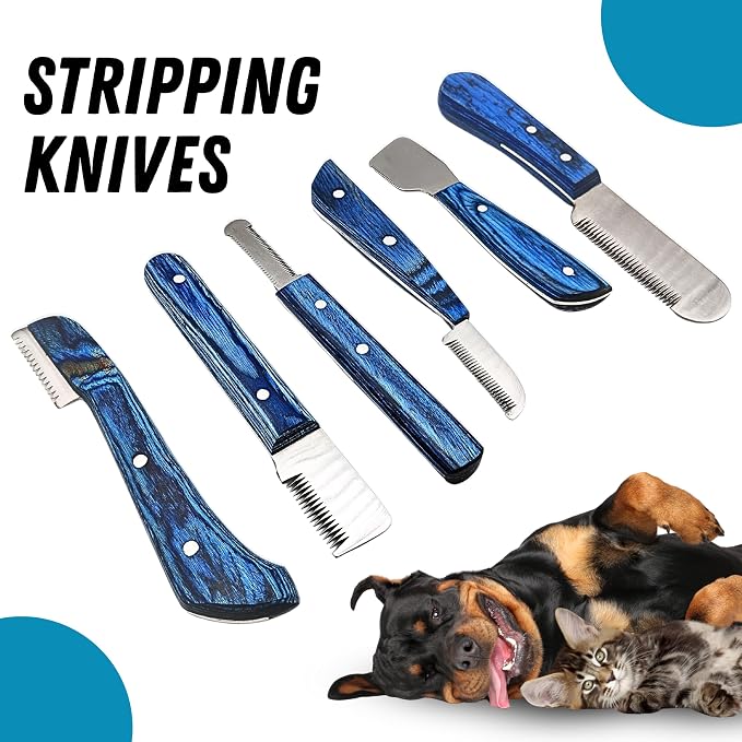 Professional Dog Grooming Stripping Knife Kit – 6-Piece Pet Grooming Tool Set with Stainless Steel Blades & Wooden Handles for Undercoat Removal, Deshedding, Coat Thinning Natural (Blue)