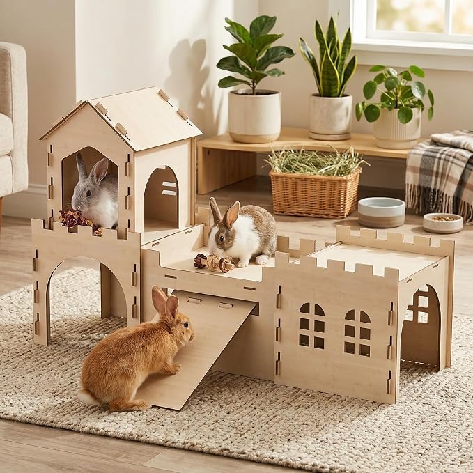 Large Bunny Castle for Rabbits, Wooden Dual-Layer Rabbit House with Stair, Rubber Band-Free Setup - Chew-Proof, Sturdy Habitat for Guinea Pig Chinchilla Ferret (Rabbit House)