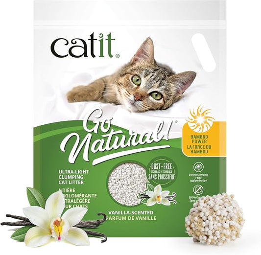Catit Go Natural Ultra-Light Clumping Cat Litter, Bamboo Pellets, Dust-Free, Lightweight, Compostable, Vanilla Scent, Soft on Paws, Deodorizing, Eco-Friendly 3.15lb (4-Pack)