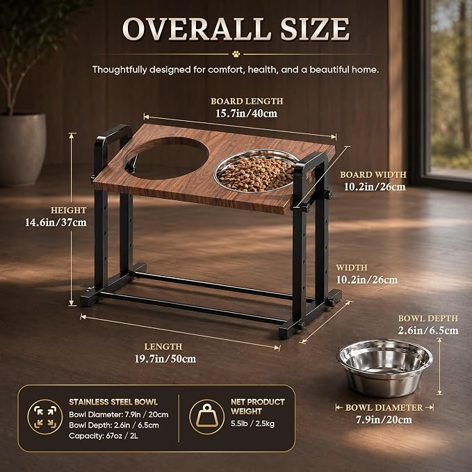 CZPET Elevated Dog Bowls Tilted Platform (0°, 7.5°, 15°), Height Adjustable Dog Bowl Stand, Stable&Sturdy Metal Raised Dog Feeding Station, 2L Large Stainless Steel Bowls for Large Medium Small Dogs