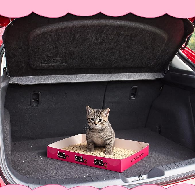 Amyhill 30 Pack Disposable Cat Litter Box 13.8x10x2in Foldable Paper Kitty Trays Bulk Portable Water Proof Cardboard Boxes for Cats Rabbits Guinea Pig Hamster Pets Travel Indoor Supplies(Rose Red)