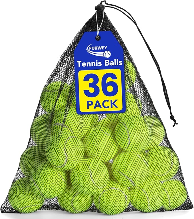 FURWEY Tennis Balls, 12/24/36/80 Pack Bulk Tennis Balls Pressureless Tennis Ball, Come with Mesh Bag for Easy Transport,Pet Dog Playing Balls, Good for Beginner Training Ball