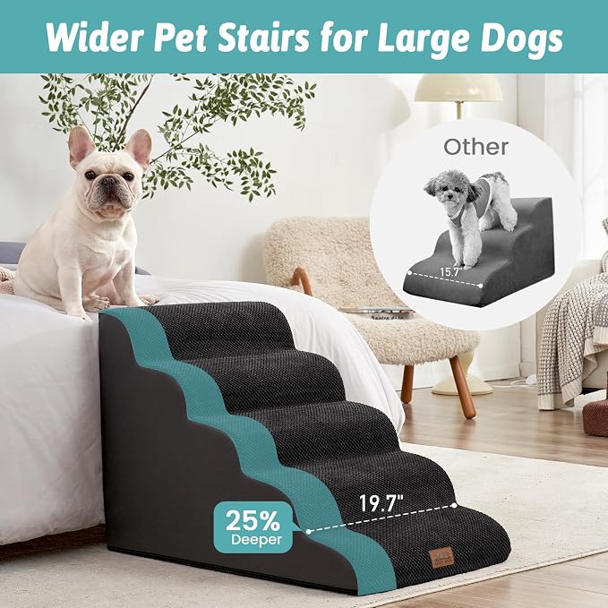 COZY KISS Extra Wide Dog Stairs 19.7" Width, Large Pet Step for Small Medium Dog, Puppy or Cat, Ramp for High Bed or Car, High Density Foam Ladder, Stable, 5 Step, 19.7x33x22.4 inch, Black
