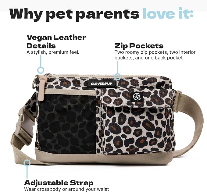Cleverpup Walk & Train 2-in-1 Dog Walking Bag - Hands-Free Training Crossbody Sling & Fanny Pack with Treat Pouch, Poop Bag Holder, Phone Pockets - Adjustable Waist or Shoulder Strap - Leopard