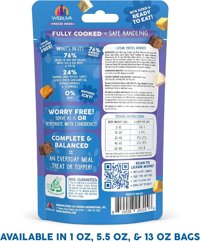 Weruva Dog Freeze Dried, Steak Frites Dinner with Sirloin Tip, Egg, Pumpkin & Sweet Potato, 1oz Bag (Pack of 3)