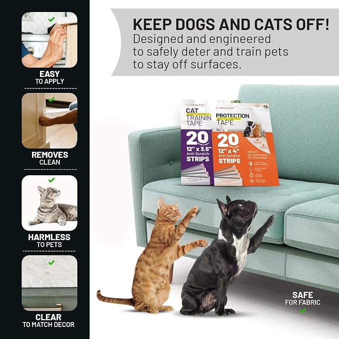 CLAWGUARD Bundle Pack – Cat Deterrent Tape & Dog Protection Tape – 40 Total Pre-Cut Strips (20 Double & 20 Single Sided) – Anti Scratch Furniture Shields