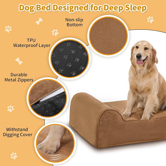 Rainmr Orthopedic Dog Beds for Large Dogs, 7" Memory Foam Dog Beds with Waterproof Liner, Durable Microsuede Cover, Removable and Washable, Nonskid Bottom, 60"x48"x7" XXL Khaki