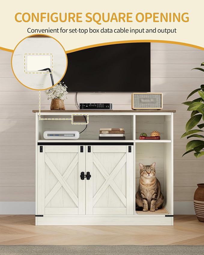 Hzuaneri Cat Litter Box Enclosure, Hidden Litter Box Furniture with Storage, Wooden Cat Cabinet with Scratch Pad, Farmhouse Cat Washroom, TV Stand End Table, Rustic Brown and White CB88614X