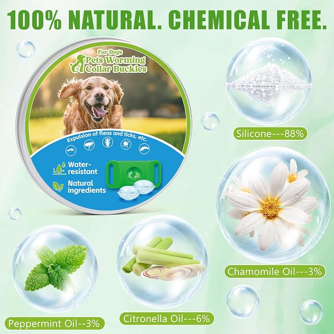 Natural Flea and Tick Prevention Dog Tag – 2 Pack Waterproof Collar Pendant with 4 Extra Refills, Green, Safe for All Breeds Collar Not Included