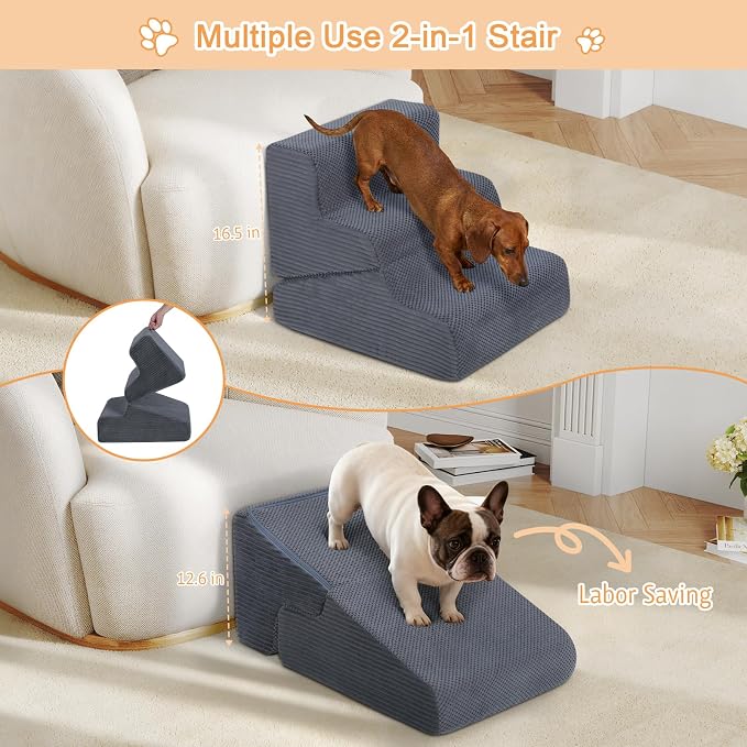 Dog Ramp for Bed, 16.5" H Dog Stairs for High Bed, 2 in 1 Pet Steps for Small Dogs, 3-Step Foldable Transformable Large Cats Ramp to Get on Couch, Non-Slip Balanced, Grey