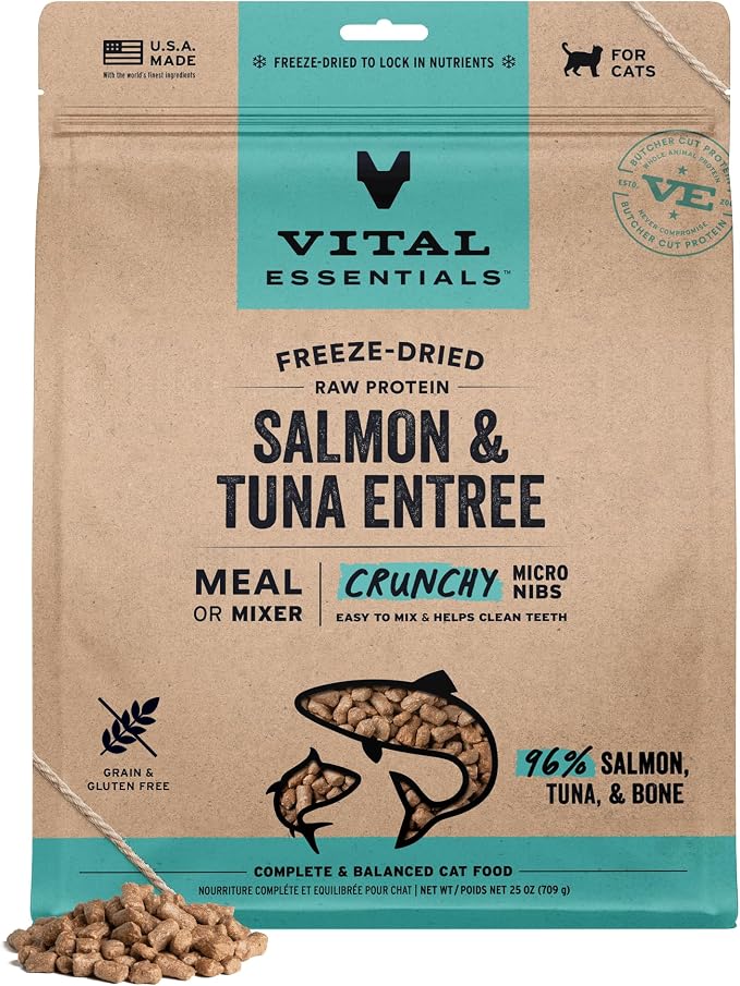 Vital Essentials Freeze Dried Cat Food, Raw Protein Salmon & Tuna Micro Nibs | Complete Meal or Mixer | 96% Meat, Organs & Bone | High Protein, Low Carb, Grain Free, Dry Cat Food | 25 oz