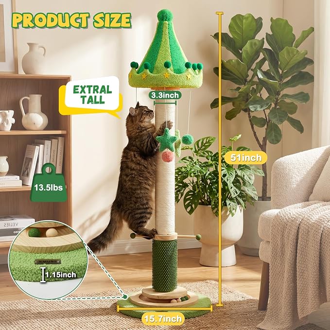 51'' Tall Cat Scratching Post,Luxury Carousel Shape Extra Thick Sisal Scratching Post for Indoor Cats Adults,Stable Stylish Cat Scratcher Tree with Interactive Wood Ball 2*Peppermint Toys for Large