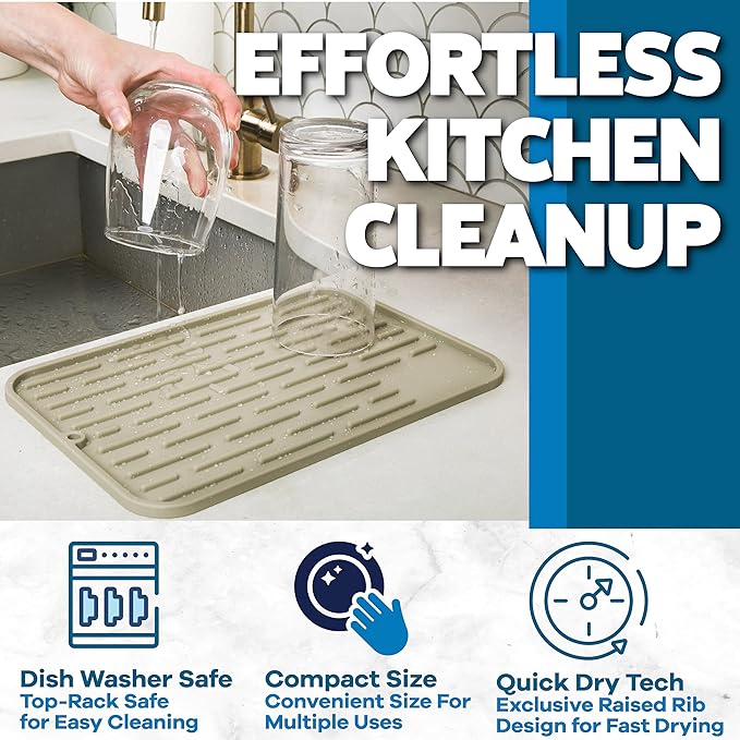 Large Silicone Dish Drying Mat for Kitchen Counter or Under Sink, 16" x 12" Large, Waterproof Pet Feeding Mat, Water Bowls, Under Drying Racks for Dishes, Coffee Bars, Bar Mats (Beige)…