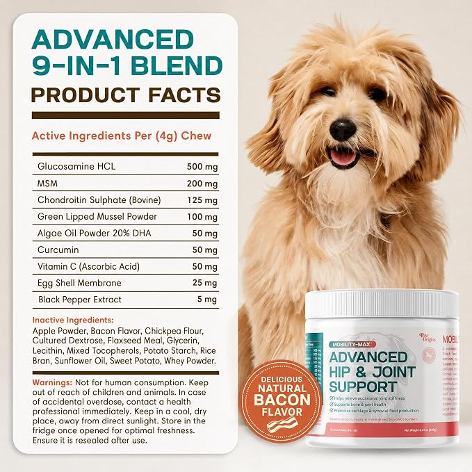 Paw Origins Mobility Max Joint Supplement for Dogs – 9-in-1 Blend with Glucosamine, Chondroitin, MSM & Vitamin C – Natural Bacon Flavor – Premium USA-Made Daily Formula for Active & Senior Pets