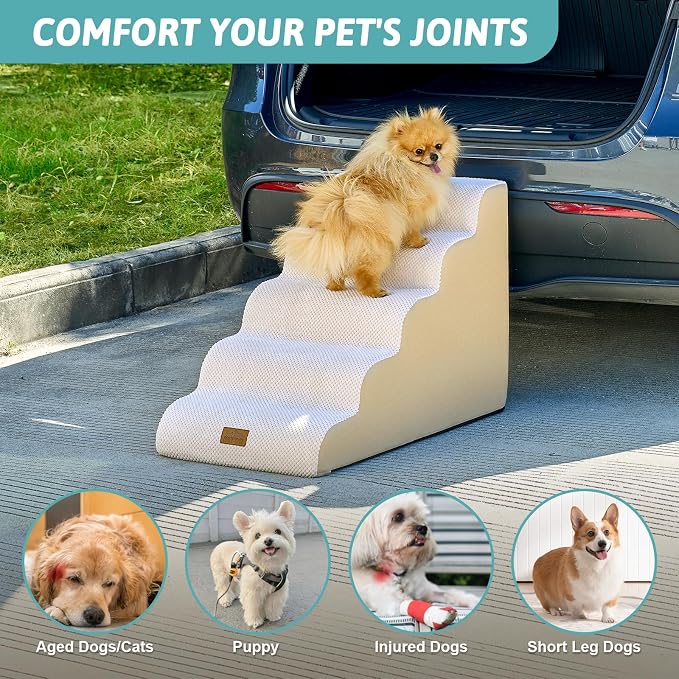 COZY KISS Wide Dog Stairs for Small Dog 22.6" H, Curved Pet Step for Puppy, Older Cat, Curved Ramp for High Bed or Car, Ladder with High Density Foam, Durable, 5 Step, 17.7x33x22.6 inch, Beige